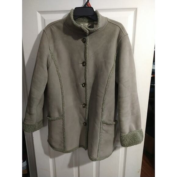 L.L. Bean Woman's L Coat Faux Suede Leather Sage Green Sherpa Button Up - Picture 1 of 10